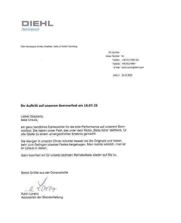 Referenzschreiben Diehl GmbH & Co. KG - Lob zur Firmenfeier