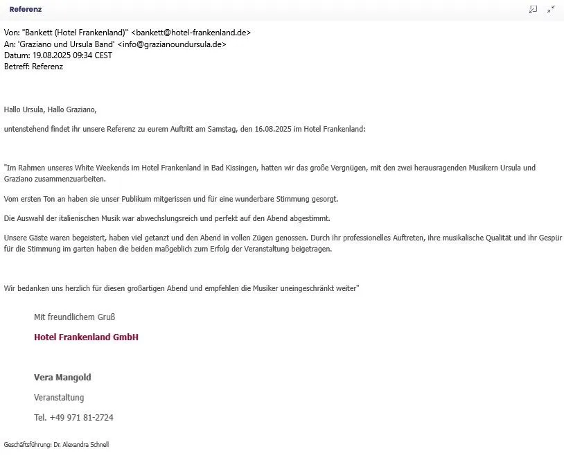 Referenzschreiben Hotel Frankenland - Bewertung Event